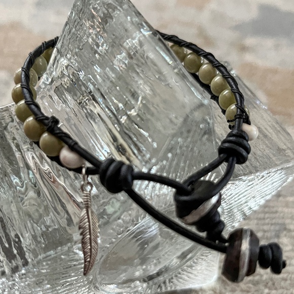 BOHO Leather Wrap Bracelet w/Olivine (Olive Jade) 6.25" - Picture 2 of 5